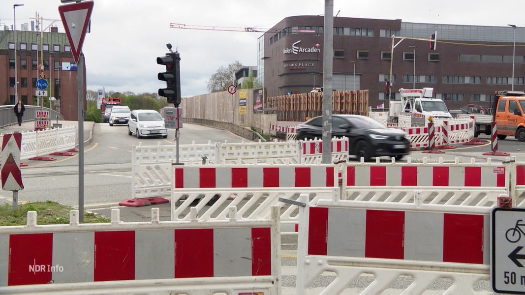 Rot-weiße Schrankenzäune einer Baustelle auf einer Kreuzung in Lübeck.