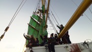 Junge Menschen winken von einem Schiff mit grünen Segeln. © Screenshot 