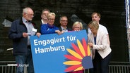 Hamburger Ehrenamtliche stehen auf einer Bühne und halten gemeinsam eine große blaue Tafel mit der Aufschrift "Engagiert für Hamburg". © Screenshot 