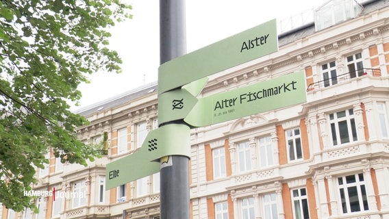 Hinweisschilder zeigen  den Weg von der Hamburger Alster in die Hafencity. © Screenshot 