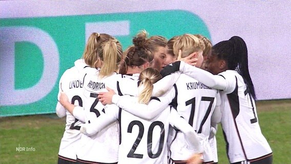 Das Team der DFB-Frauen umarmt sich auf dem Platz. © Screenshot 