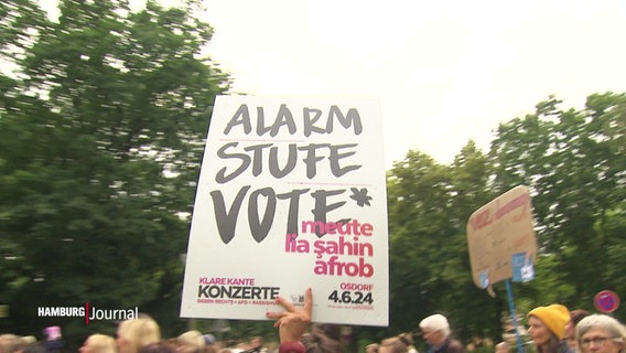 Über den Köpfen eines draußen feiernden Konzertpublikums wird ein Plakat hochgehalten auf dem steht: "Alarmstufe Vote". © Screenshot 