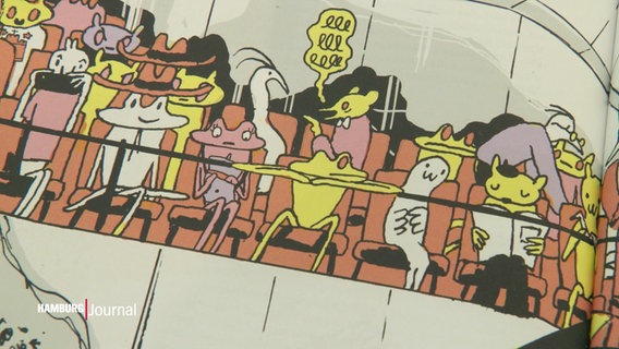Blick in eines der ausgestellten Bücher von Anna Haifisch. In leuchtendem Gelb, Orange, zartem Violett, Schwarz und Weiß sind verschiedene Comic-Tiere gezeichnet, die in Theaterrängen sitzen. © Screenshot 