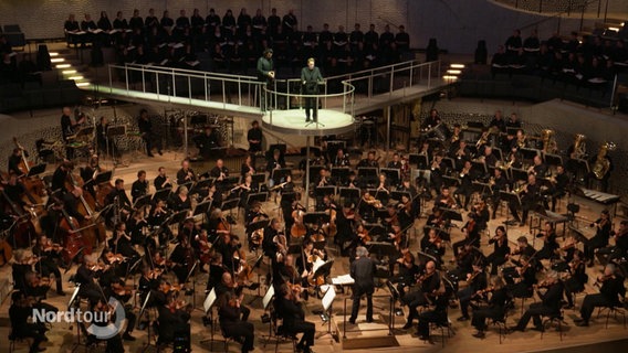 Im großen Saal der Elbphilharmonie spielt ein riesiges Orchester während ein Mann auf einer Empore darüber singt. © Screenshot 