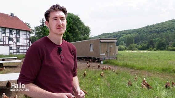 Junglandwirt Stefan Golze im Interview auf seinem Hof im Hühnergehege © Screenshot 