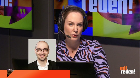 Nina Zimmermann moderiert die Sendung Mitreden!. Sie spricht mit einem Gast, der zugeschaltet ist. © Screenshot 