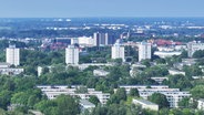 Luftbild der Rostocker Südstadt. Zwischen grünen Bäumen ragen mehrere graue Wohnblöcke und Plattenbauten auf. © Screenshot 