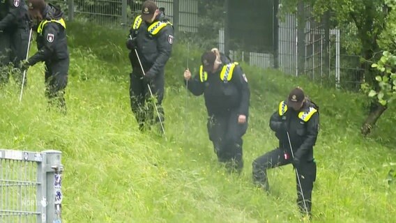 Menschen der Polizei stechen mit Gerät den Boden einer Wiese ab. © Screenshot 
