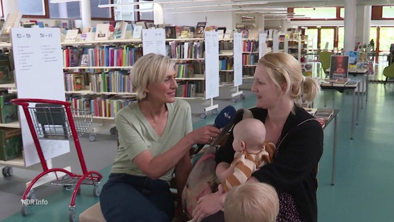 Susanne Stichler interviewt eine Frau mit Kindern in einer Bibliothek. © Screenshot 