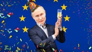 Wladimir Putin mit einem Glas Sekt vor einer Europa-Flagge unter einem Konfetti-Regen. (extra 3 vom 13.06.2024 im Ersten) © NDR 