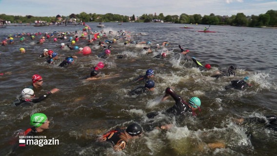 eine Gruppe von Schwimmerinnen und Schwimern startet beim Triathlon in Lübeck © Screenshot 