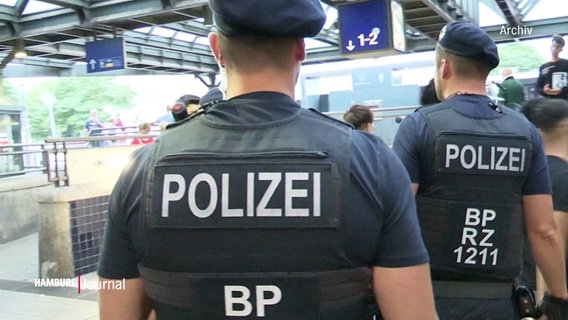 Blick auf Polizisten der Bundespolizei mit Schutzwesten. Sie gehen am Hamburger Hauptbahnhof entlang. © Screenshot 