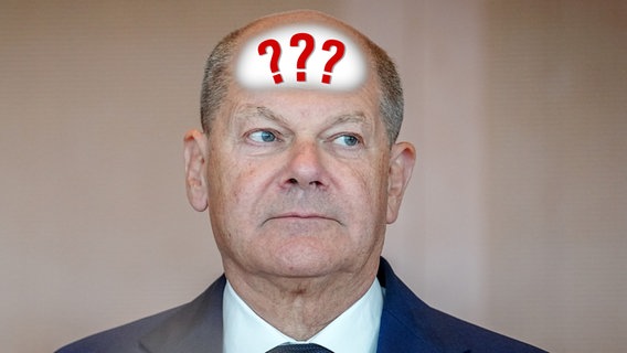 Bundeskanzler Olaf Scholz mit Fragezeichen auf der Stirn. (extra 3 vom 20.06.2024 im Ersten) © NDR 