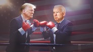 Präsidentschaftskandidat Donald Trump und US-Präsident Joe Biden in Boxhandschuhen. (extra 3 vom 27.06.2024 im Ersten) © NDR 