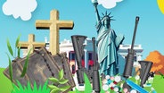Eine gezeichnete Freiheitsstatue, eine Bibel, Kreuze, Maschinengewehre, Tabletten und eine Spritze. (extra 3 vom 27.06.2024 im Ersten) © NDR 