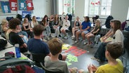 Schüler und Schülerinnen sitzen bei einer Gesprächrunde im Kreis. © Screenshot 