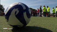 Ein Fußballfeld, darauf im Vordergrund ein Ball und im Hintergrund eine Mannschaft. © Screenshot 