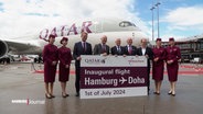 Bürgermeister Tschentscher und Vertreter von Qatar Airways eröffnen die neue Verbindung zwischen Hamburg und Doha. © Screenshot 
