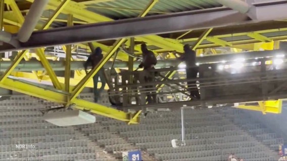 SEK Beamte nehmen einen "Roofer" unter einem Stadiondach fest. © Screenshot 