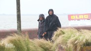 Zwei Sommerlauber an einer Strandpromenade tragen wegen des rauen Wetters regenfeste Klamotten. © Screenshot 