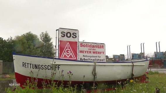 Vor dem Gelände der Meyer Werft in Papenburg hat die IG Metall ein symbolisches Rettungsschiff aufgestellt. © Screenshot 