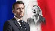 Emmanuel Macron und Marine Le Pen vor der französischen Fahne. (extra 3 vom 04.07.2024 im Ersten) © NDR 