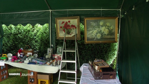 Ein Flomarktstand unter einem grünen Pavillion. Gemälde oder anderer Kleinkram liegen aus. Im Hintergrund erkennt man einen grünen Garten. © Screenshot 