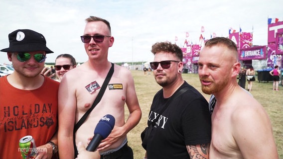 Vier Männer stehen auf einer Festival-Wiese vor einer pinken Bühne. © Screenshot 