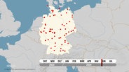 Eine Deutschlandkarte mit vielen roten Punkten und einer Zeitleiste. © Screenshot 