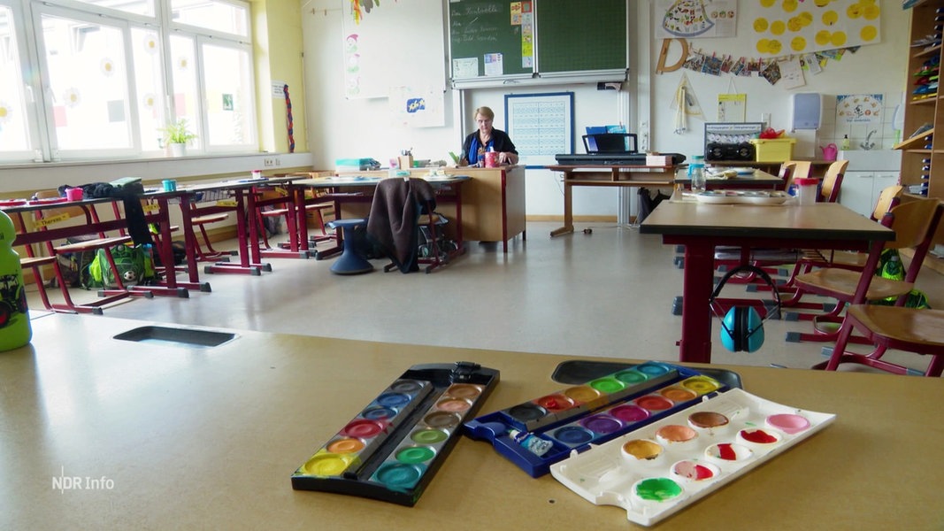 Eine Lehrerin sitzt in einer leeren Schulklasse.