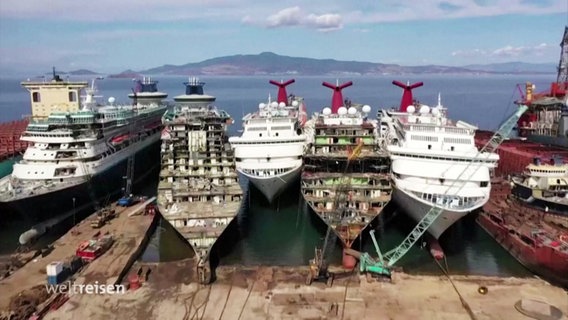 Halb verschrottete und neue Kreuzfahrtschiffe liegen nebeneinander im Hafen © Screenshot 