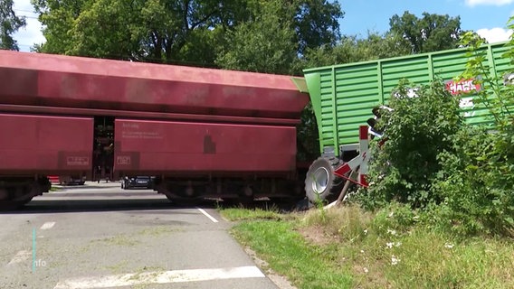 Ein rostroter Güterzug-Waggon steht quer auf einer Straße. © Screenshot 