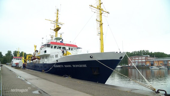 Ein Forschungsschiff im Rostocker Fischereihafen © Screenshot 