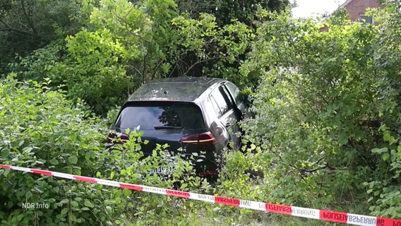 Ein Auto im Gebüsch, davor eine Polizeiabsperrung. © Screenshot 