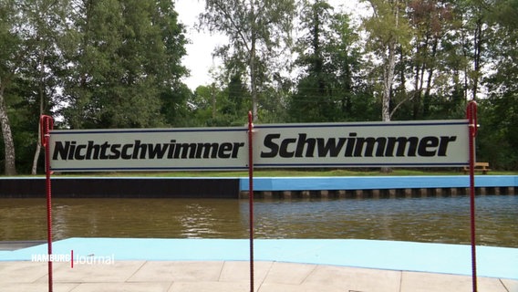 Ein Schild weist auf dem Schwimmer- und den Nichtschwimmerbereich in einem Naturfreibad hin. © Screenshot 