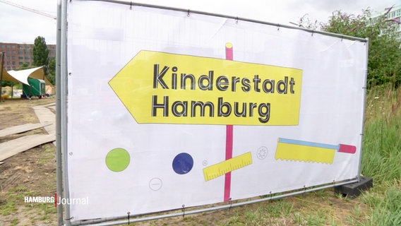 Eine Bauzaun-Plane ist mit einem Wegweiser bedruckt, der zur "Kinderstadt-Hamburg" zeigt. © Screenshot 