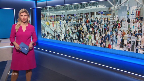 Bibiana Barth moderiert NDR Info 14:00 am 19.07.2024. Hinter ihr ist ein Bild vom mit Menschen gefüllten Check-In-Bereichs des Hamburger Flughafens eingeblendet. © Screenshot 