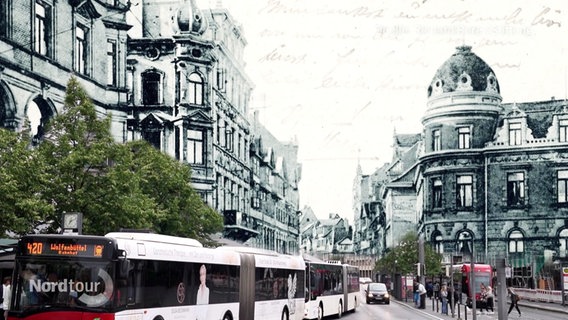 Ein altes Postkartenmotiv von Braunschweig, vermischt mit heutigen Aufnahmen der Stadt. © Screenshot 