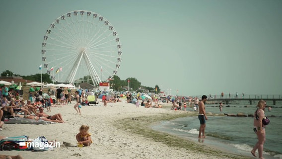 Ein sommerliche Tag in der Lübecker Bucht. Menschen tummeln sich auf dem Sand und im Wasser. Im Hintergrund: ein Riesenrad. © Screenshot 