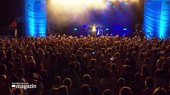 Eine Masse an Menschen steht vor einer Open-Air-Bühne in Pinneberg am 20.07.2024, auf der Sänger Kamrad spielt. © Screenshot 