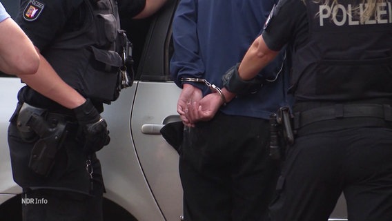 Zwei Polizisten legen jemandem vor einem Polizeiauto Handschellen an. © Screenshot 