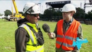 NDR-Reporter Sven Jachmann interviewt einen Bauarbeiter zum Stand der Vorbereitungen auf dem Wacken Festivalgelände. © Screenshot 