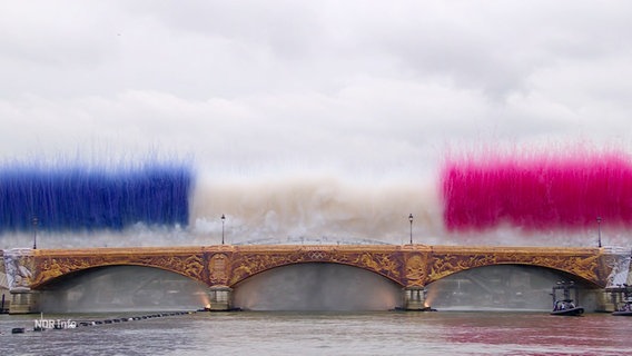 Die französische Tricolore über einer Brücke der Seine mit den Olympischen Ringen bei der Eröffnungsfeier der Olympischen Sommerspiele 2024. © Screenshot 