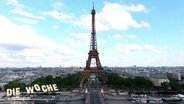 Am Eiffelturm in Paris sind die Olympischen Ringe angebracht. © Screenshot 