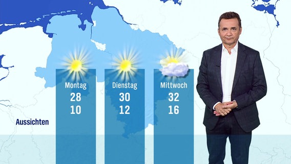 Donald Bäcker vor einer Tafel mit einer Wettervorhersage für Niedersachsen. © Screenshot 