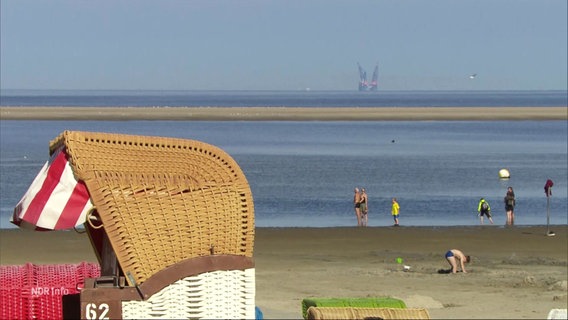 Strandszene mit Bohrinsel am Horizont. © Screenshot 