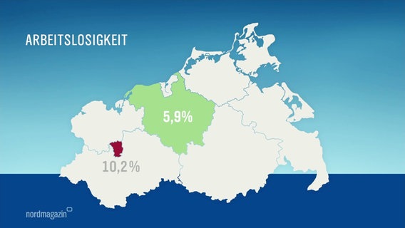 Eine Karte zeigt die Verteilung der Arbeitslosenquote in MV. © Screenshot 