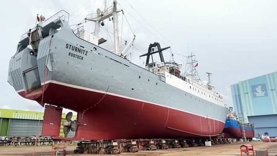 MS Stubnitz liegt auf dem Dock in der Stralsunder Werft. © Screenshot 