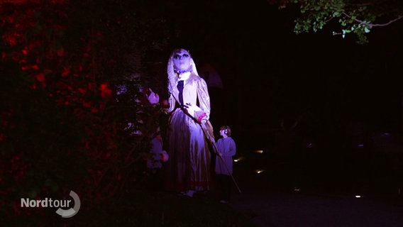 Eine große, von mehreren Performern geführte Puppe in Gestalt einer jungen Frau in historischer Kleidung, wird im Dunkeln dramatischen  angeleuchtet. © Screenshot 