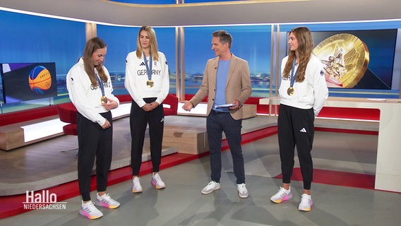 Arne-Torben Voigts im Gespräch mit den 3x3-Basketball Olympiasiegerinnen nach ihrer Rückkehr aus Paris. © Screenshot 